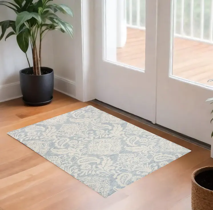 2' X 3' Blue And Ivory Wool Paisley Tufted Handmade Stain Resistant Area Rug