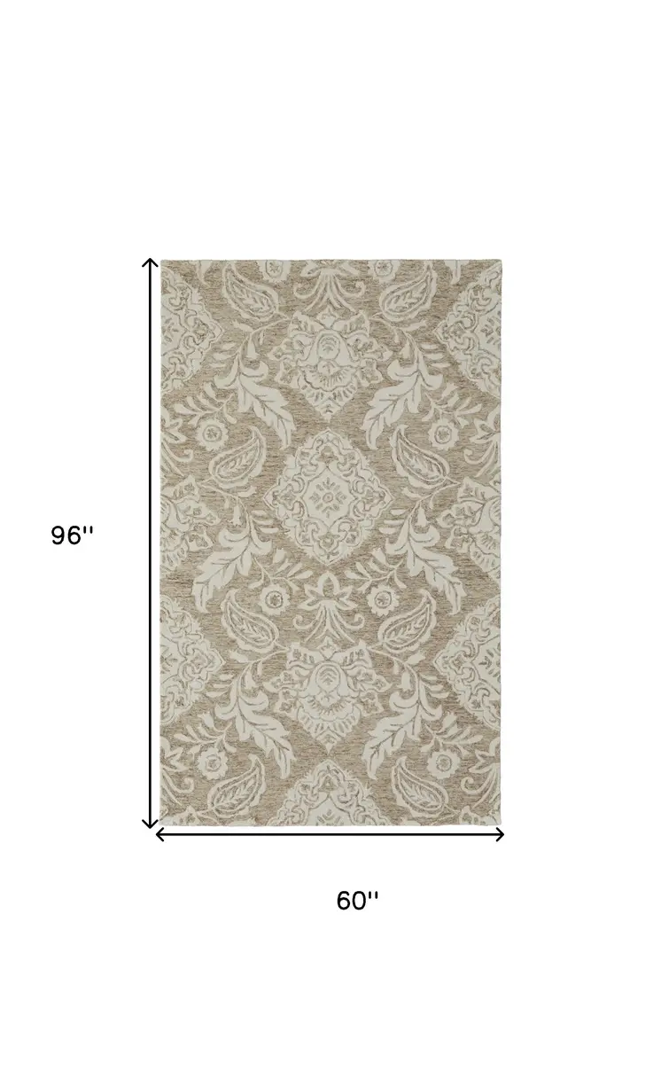 5' X 8' Tan And Ivory Wool Paisley Tufted Handmade Stain Resistant Area Rug