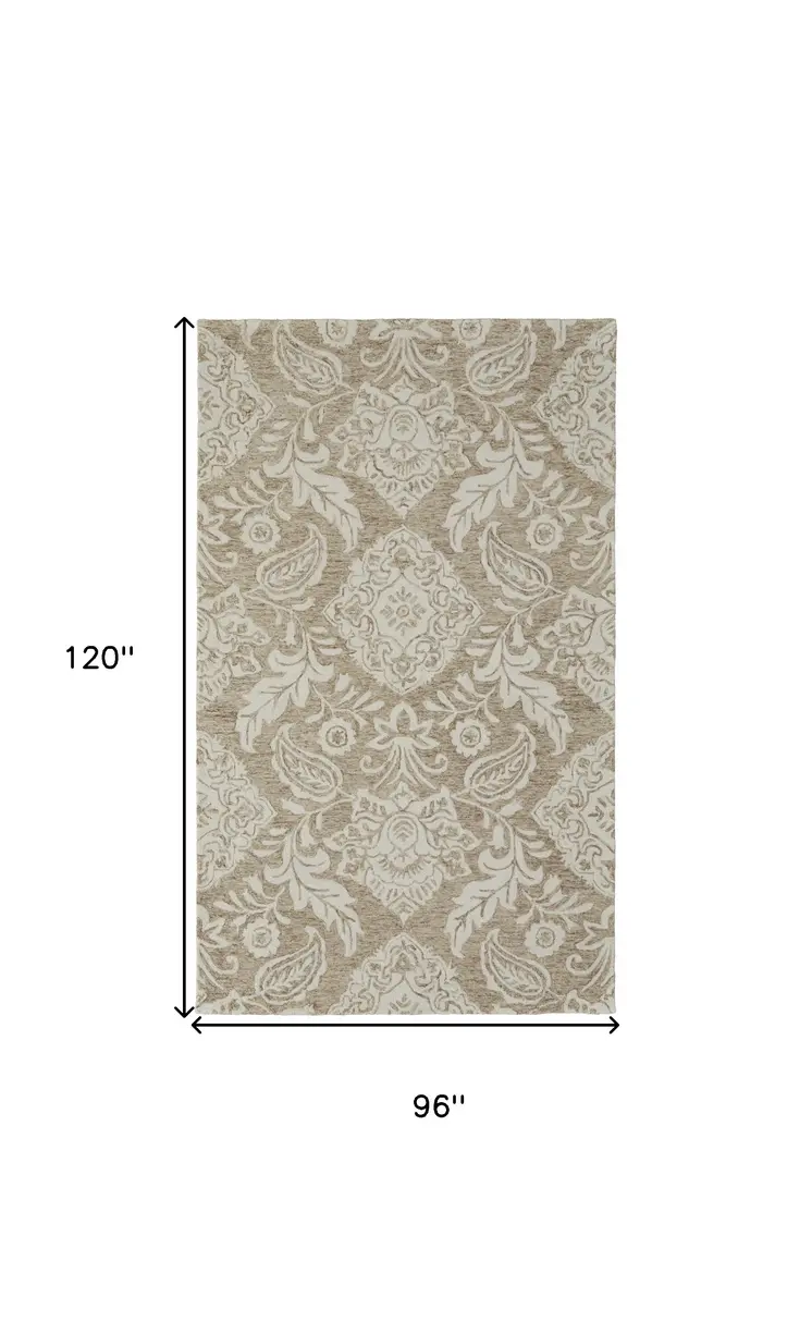8' X 10' Tan And Ivory Wool Paisley Tufted Handmade Stain Resistant Area Rug