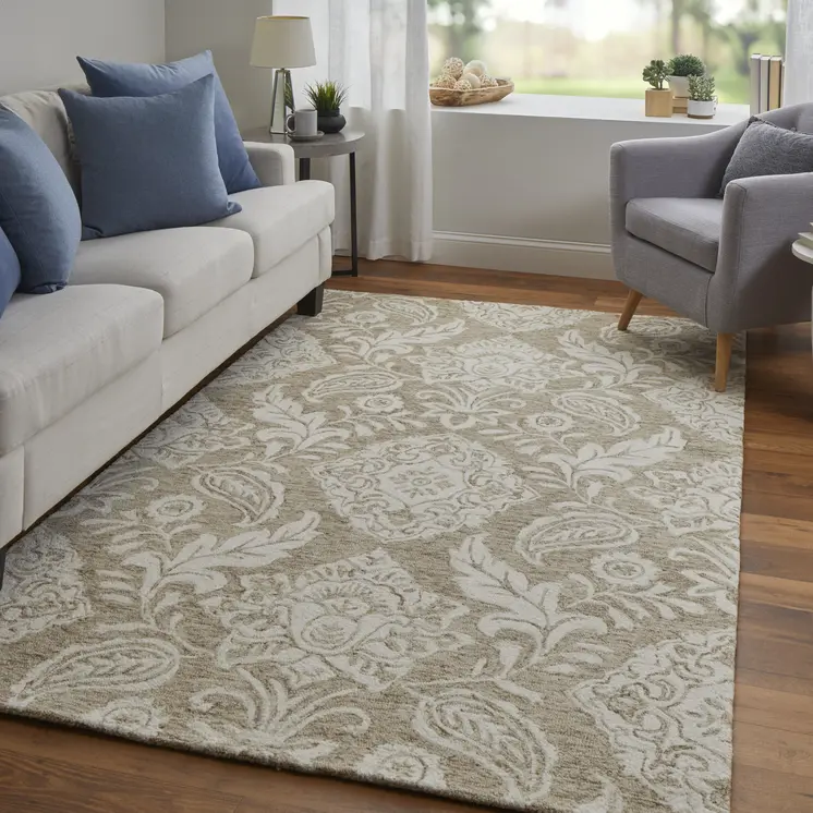 8' X 10' Tan And Ivory Wool Paisley Tufted Handmade Stain Resistant Area Rug