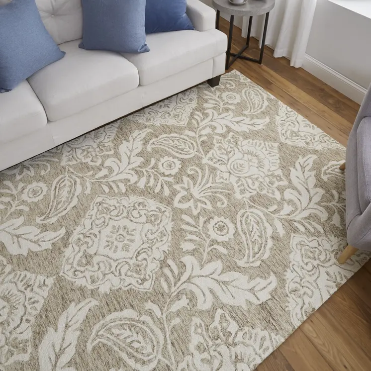 8' X 10' Tan And Ivory Wool Paisley Tufted Handmade Stain Resistant Area Rug