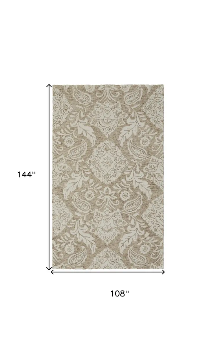 9' X 12' Tan And Ivory Wool Paisley Tufted Handmade Stain Resistant Area Rug