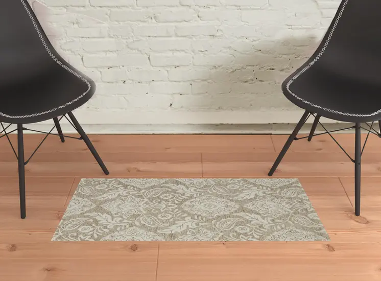 2' X 3' Tan And Ivory Wool Paisley Tufted Handmade Stain Resistant Area Rug