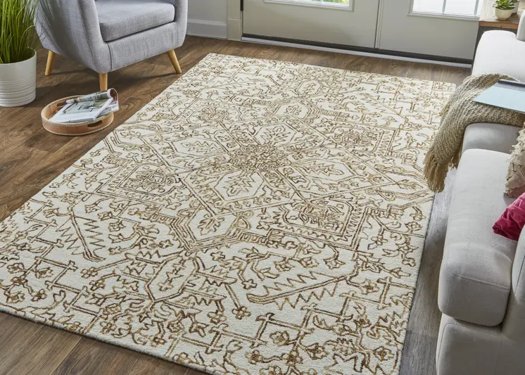 9' X 12' Ivory And Brown Wool Floral Tufted Handmade Stain Resistant Area Rug