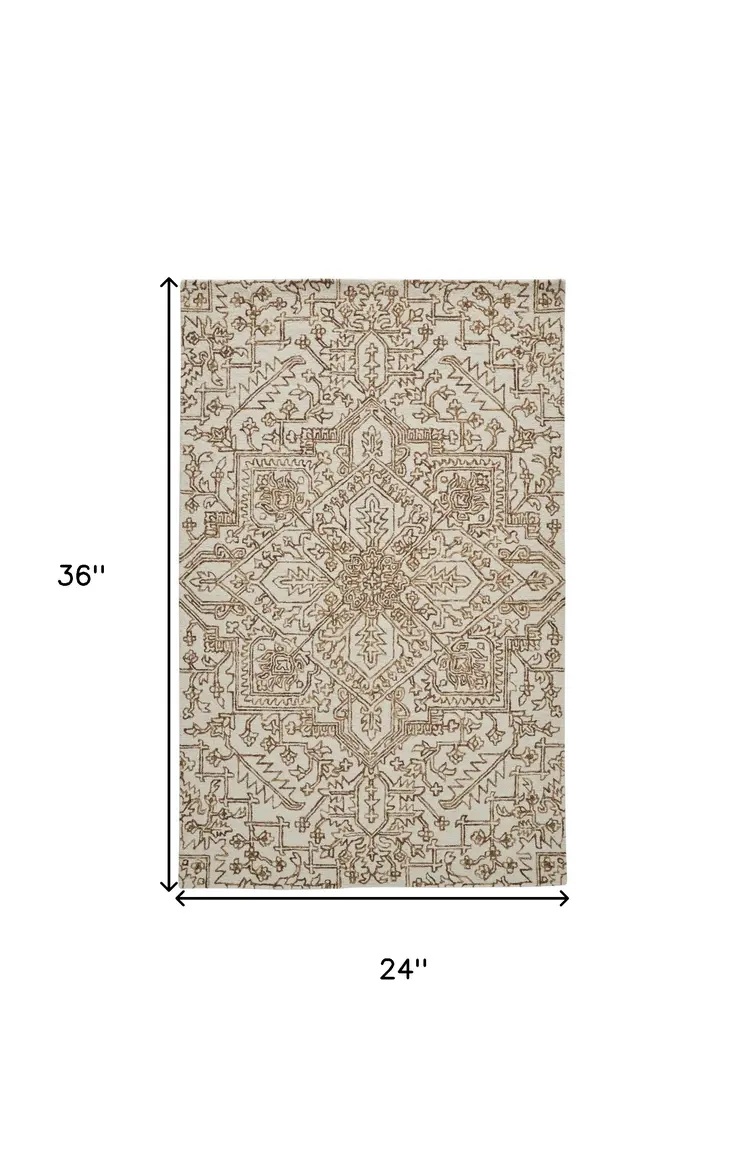2' X 3' Ivory And Brown Wool Floral Tufted Handmade Stain Resistant Area Rug