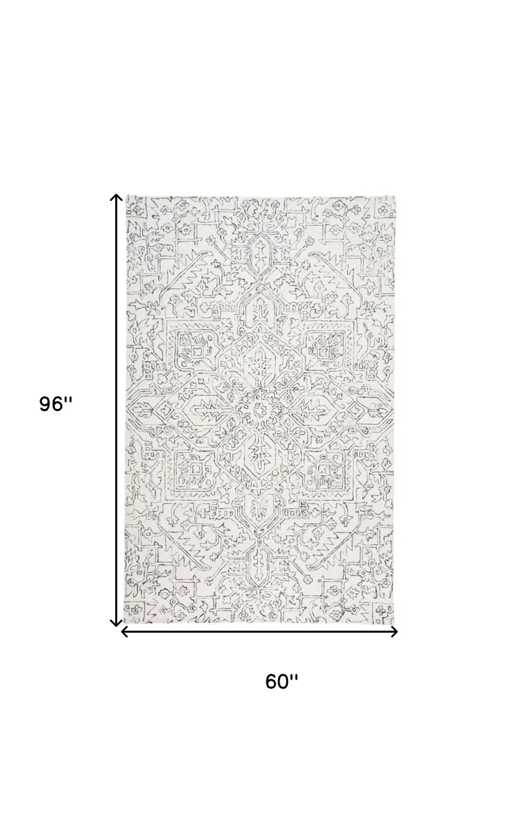 5' X 8' Ivory And Gray Wool Floral Tufted Handmade Stain Resistant Area Rug