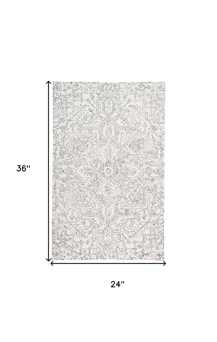 2' X 3' Ivory And Gray Wool Floral Tufted Handmade Stain Resistant Area Rug
