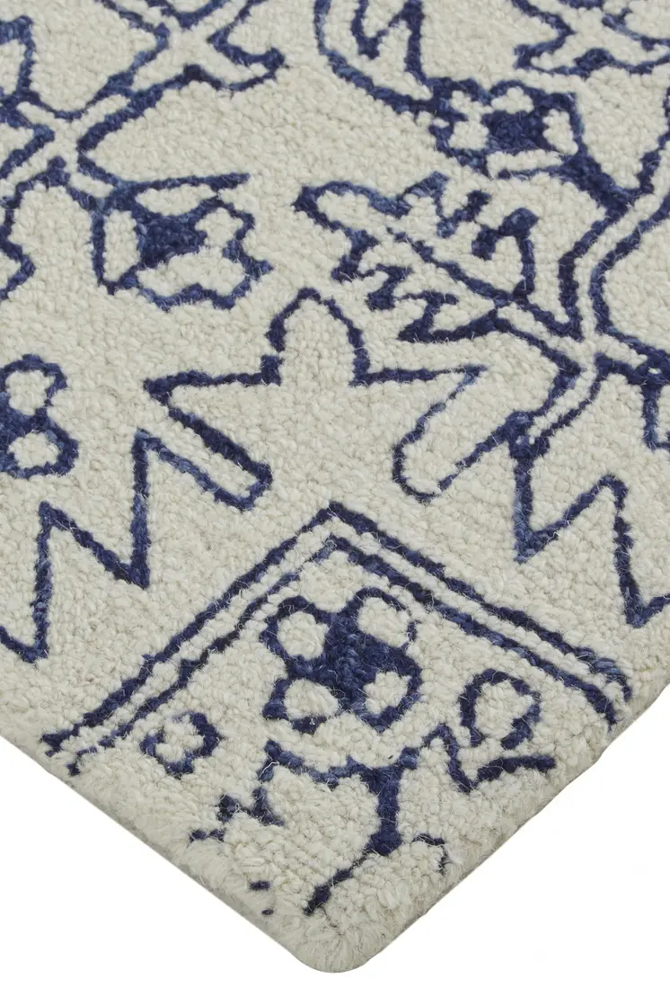 5' X 8' Ivory And Navy Wool Floral Tufted Handmade Stain Resistant Area Rug