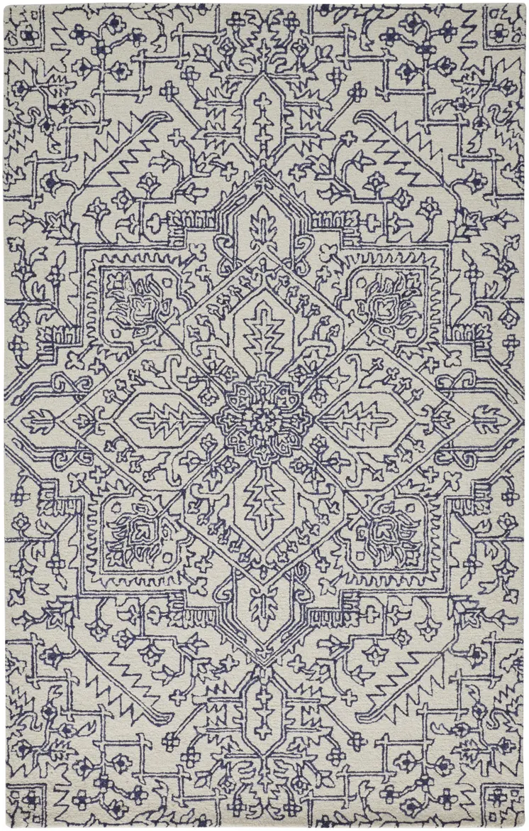 2' X 3' Ivory And Navy Wool Floral Tufted Handmade Stain Resistant Area Rug