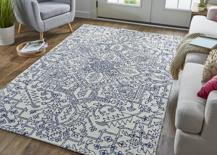 2' X 3' Ivory And Navy Wool Floral Tufted Handmade Stain Resistant Area Rug