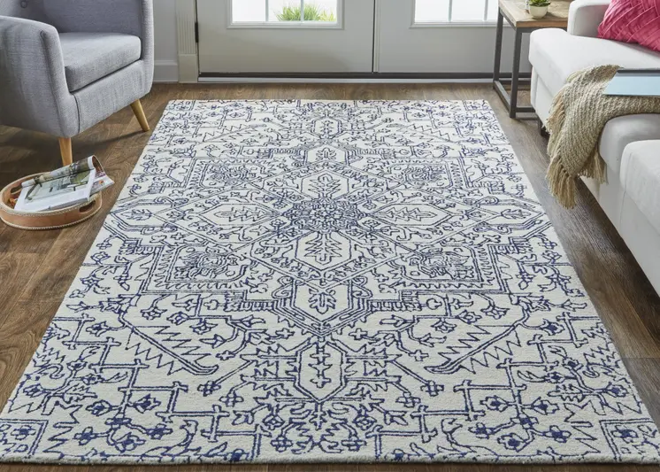 2' X 3' Ivory And Navy Wool Floral Tufted Handmade Stain Resistant Area Rug