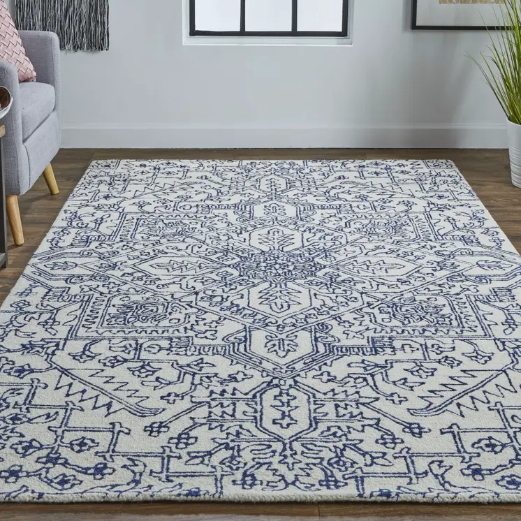 2' X 3' Ivory And Navy Wool Floral Tufted Handmade Stain Resistant Area Rug