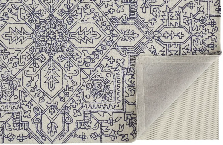 2' X 3' Ivory And Navy Wool Floral Tufted Handmade Stain Resistant Area Rug