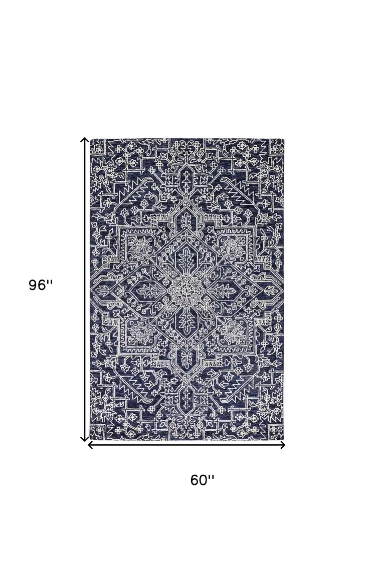 5' X 8' Blue And Ivory Wool Floral Tufted Handmade Stain Resistant Area Rug