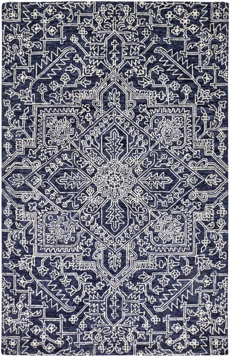 9' X 12' Blue And Ivory Wool Floral Tufted Handmade Stain Resistant Area Rug