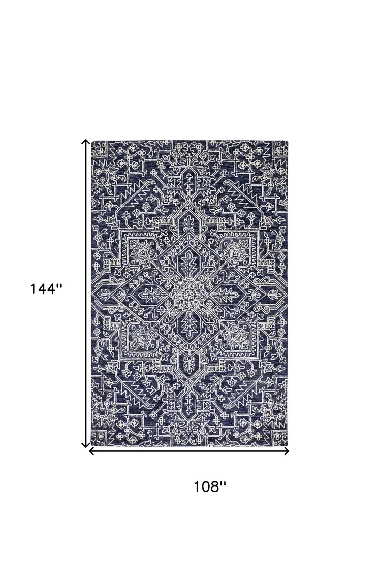 9' X 12' Blue And Ivory Wool Floral Tufted Handmade Stain Resistant Area Rug