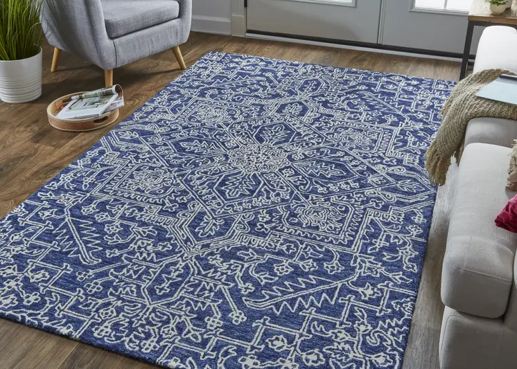 2' X 3' Blue And Ivory Wool Floral Tufted Handmade Stain Resistant Area Rug