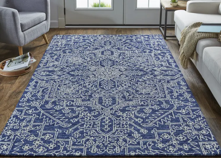 2' X 3' Blue And Ivory Wool Floral Tufted Handmade Stain Resistant Area Rug