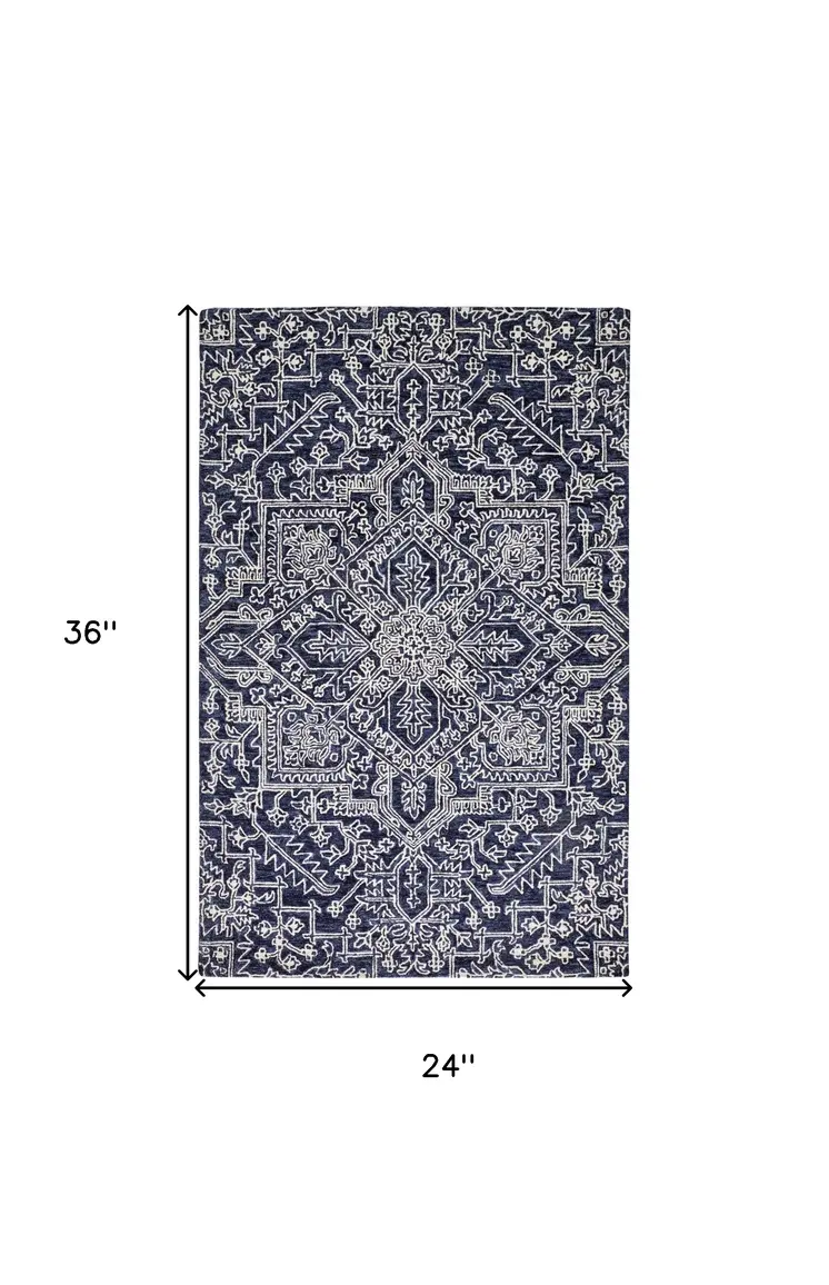 2' X 3' Blue And Ivory Wool Floral Tufted Handmade Stain Resistant Area Rug