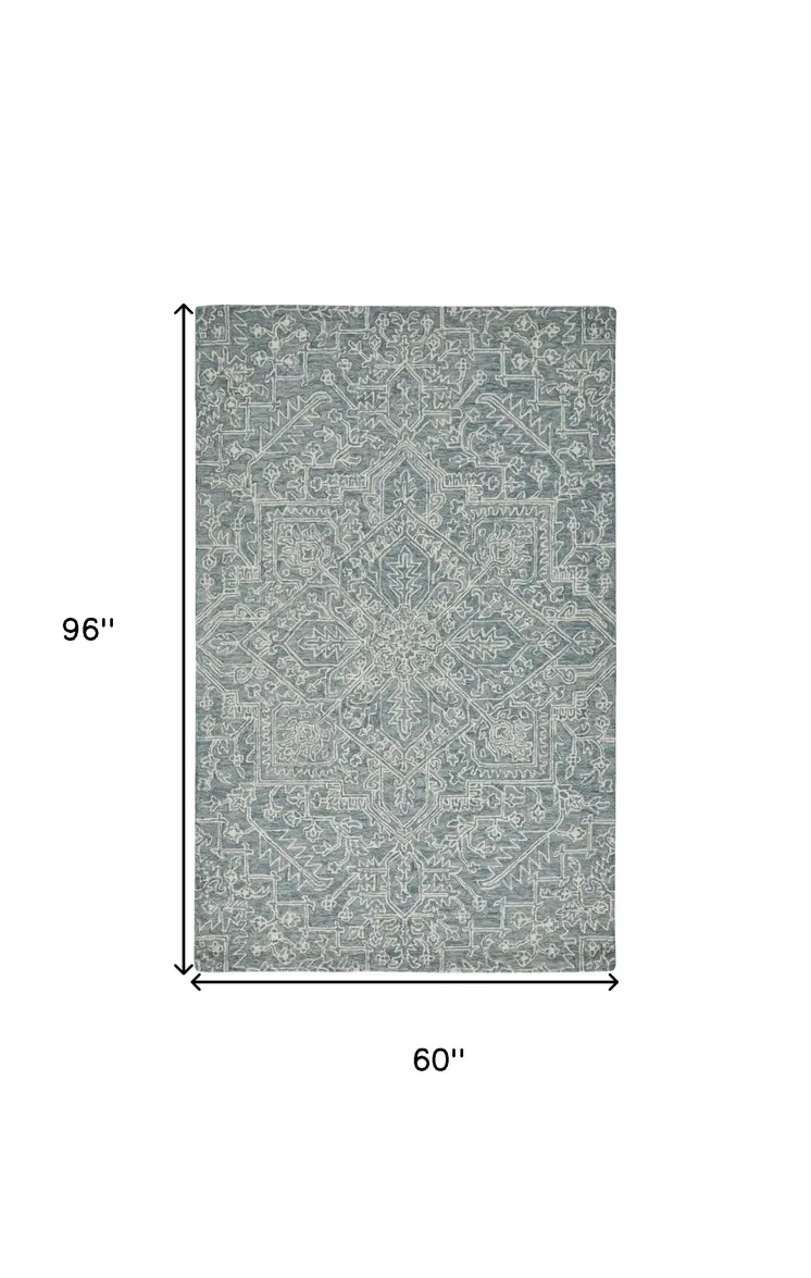5' X 8' Blue Ivory And Green Wool Floral Tufted Handmade Stain Resistant Area Rug