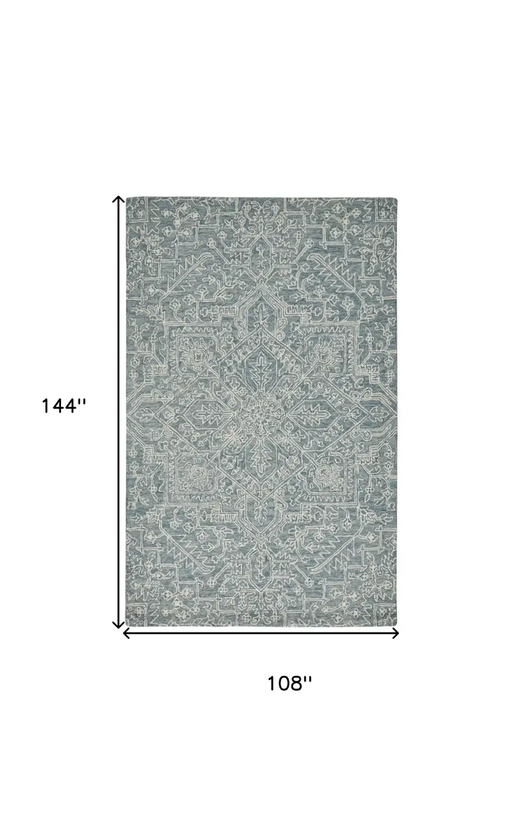 9' X 12' Blue Ivory And Green Wool Floral Tufted Handmade Stain Resistant Area Rug