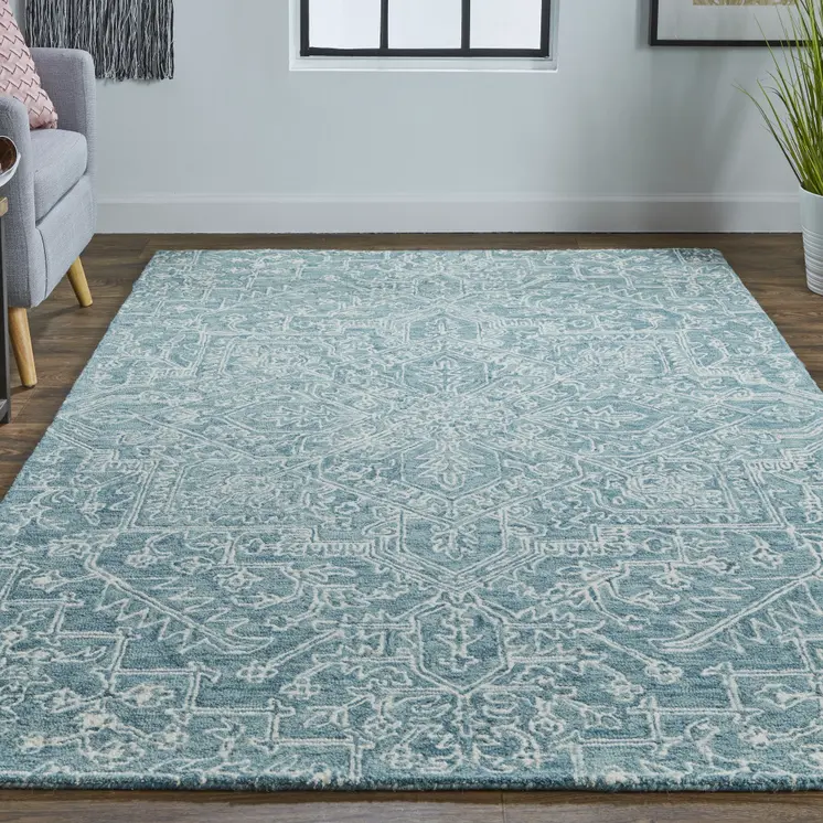 2' X 3' Blue Ivory And Green Wool Floral Tufted Handmade Stain Resistant Area Rug
