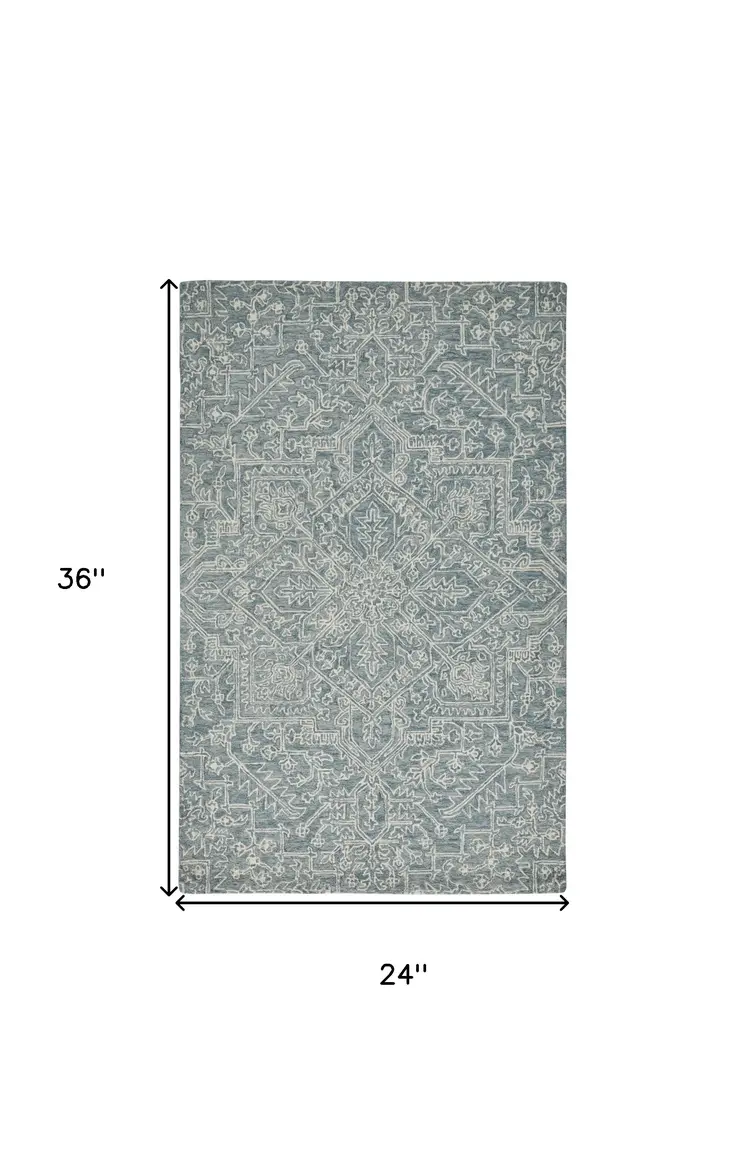 2' X 3' Blue Ivory And Green Wool Floral Tufted Handmade Stain Resistant Area Rug