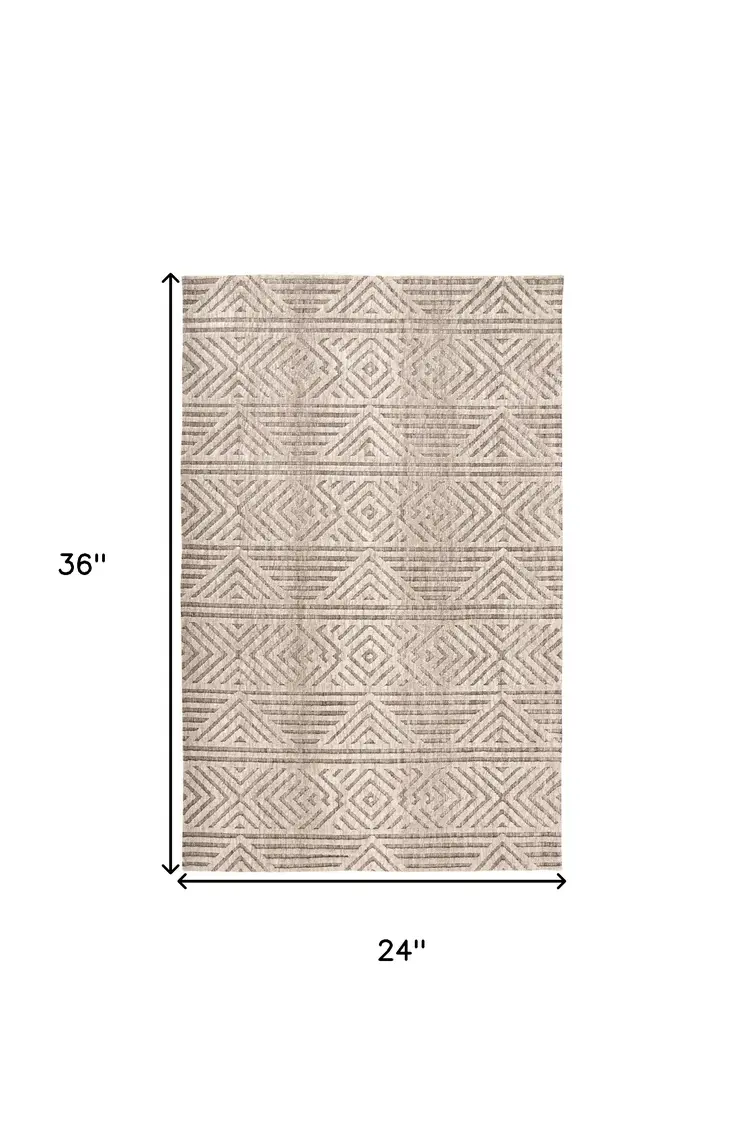 2' X 3' Tan Ivory And Brown Geometric Stain Resistant Area Rug