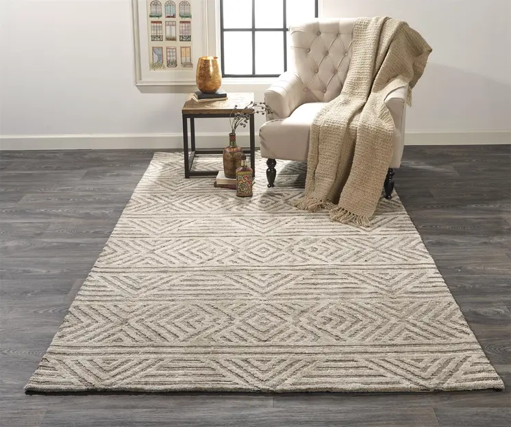 2' X 3' Tan Ivory And Brown Geometric Stain Resistant Area Rug