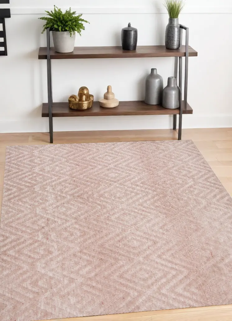 4' X 6' Pink And Ivory Geometric Stain Resistant Area Rug