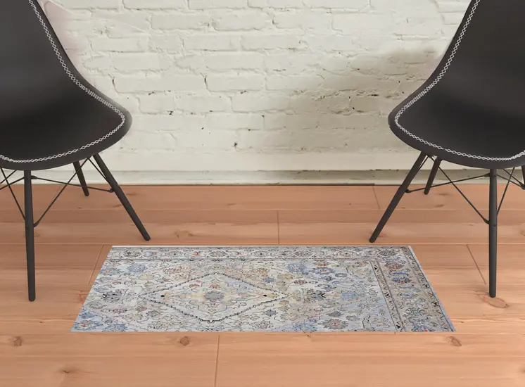 2' X 3' Taupe Blue And Gray Floral Stain Resistant Area Rug