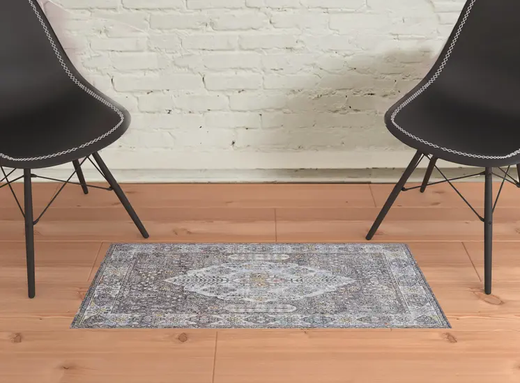 2' X 3' Gray Blue And Gold Floral Stain Resistant Area Rug