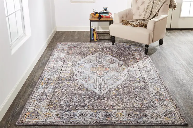 2' X 3' Gray Blue And Gold Floral Stain Resistant Area Rug