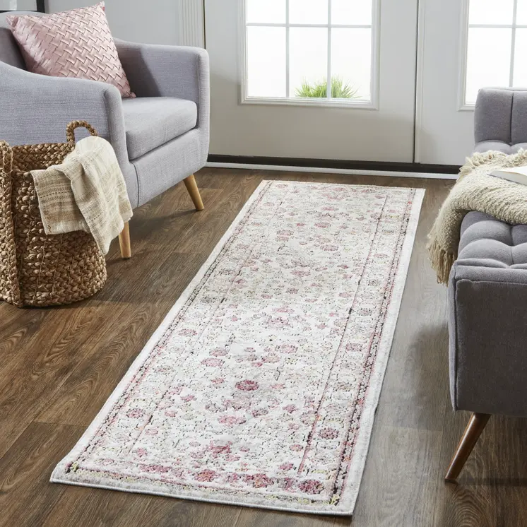 8' Pink And Ivory Floral Runner Rug