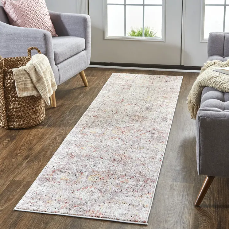 8' Pink And Ivory Abstract Runner Rug
