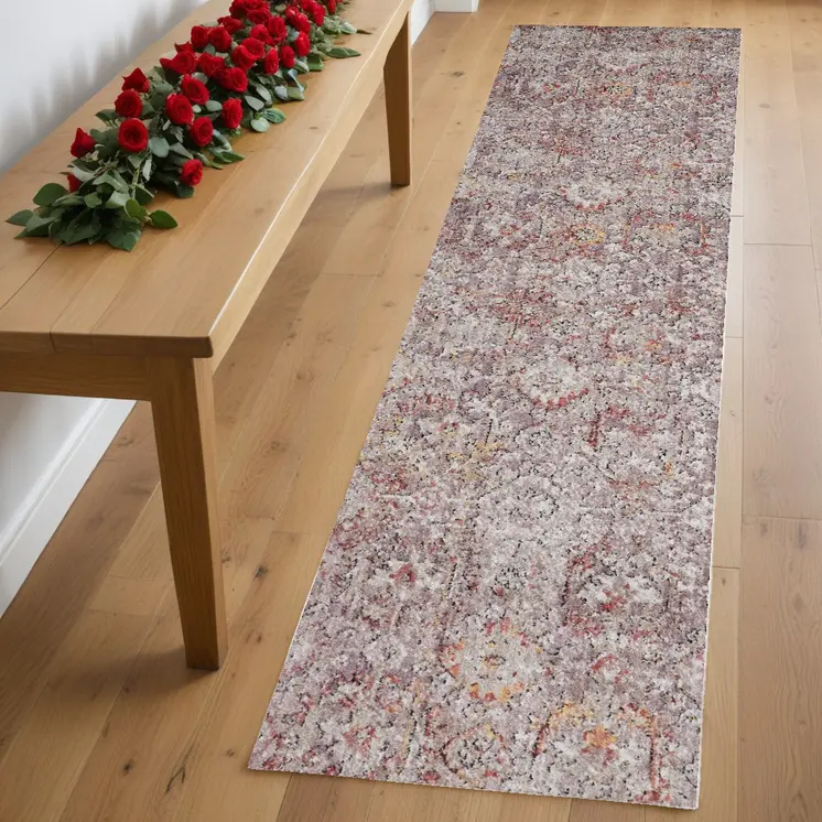 8' Pink And Ivory Abstract Runner Rug