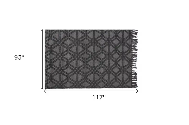 8' X 10' Black and Gray Wool Geometric Hand Woven Area Rug With Fringe