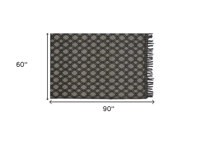 5' X 8' Black And Ivory Wool Geometric Hand Woven Area Rug With Fringe