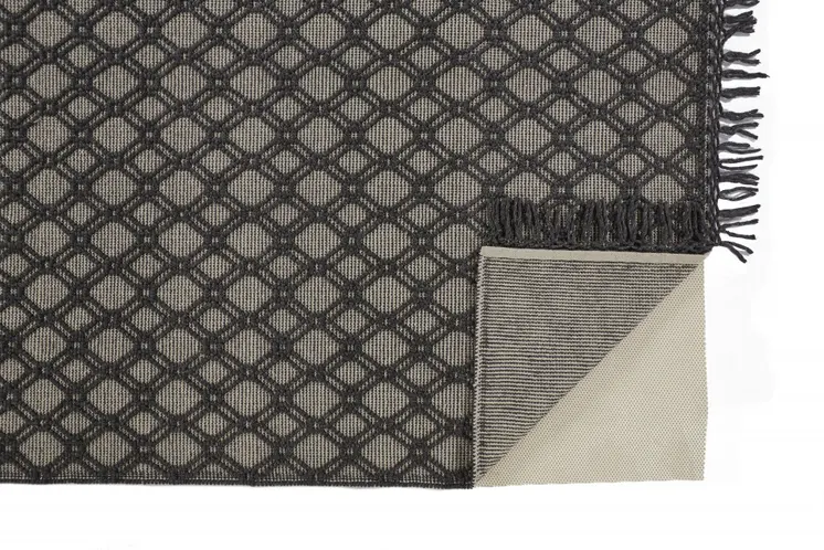 5' X 8' Black And Ivory Wool Geometric Hand Woven Area Rug With Fringe