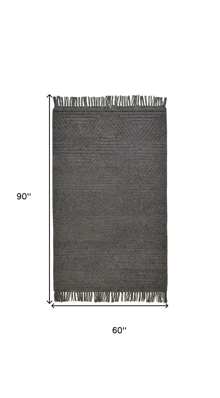 5' X 8' Gray Wool Geometric Hand Woven Area Rug With Fringe