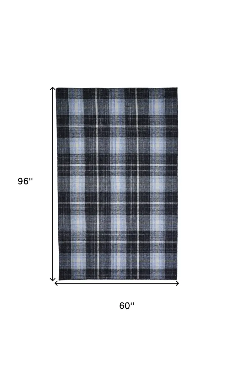 5' X 8' Black and Blue Abstract Hand Woven Area Rug