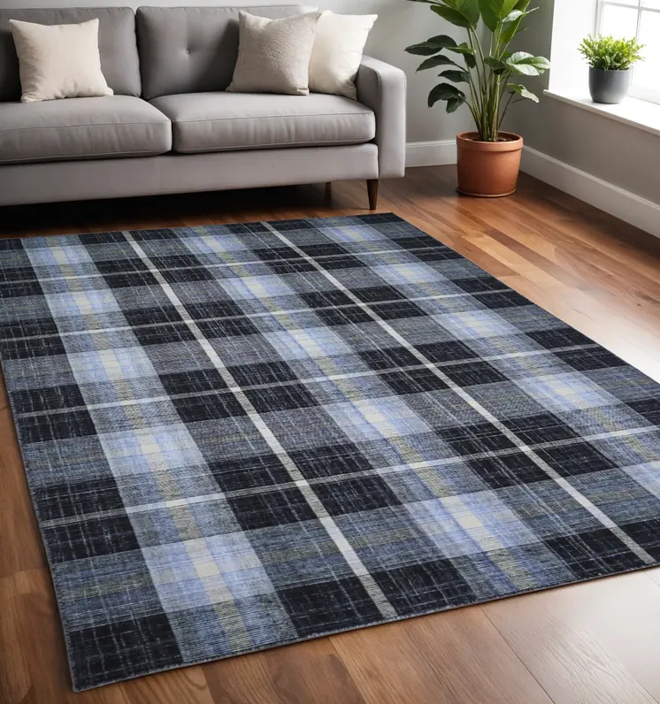 5' X 8' Black and Blue Abstract Hand Woven Area Rug