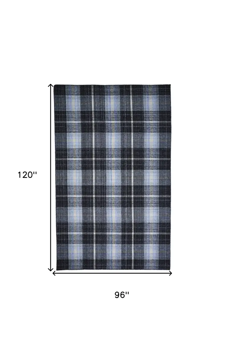 8' X 10' Black Blue And White Abstract Hand Woven Stain Resistant Area Rug