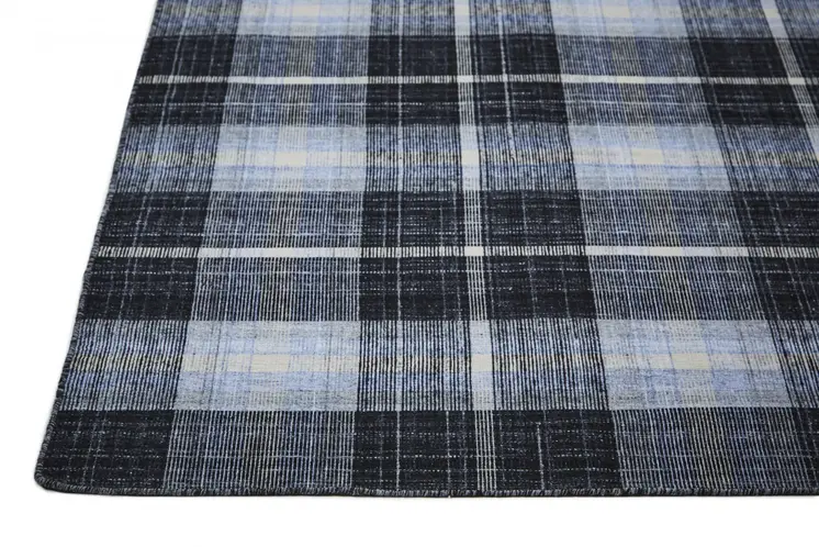 8' X 10' Black Blue And White Abstract Hand Woven Stain Resistant Area Rug
