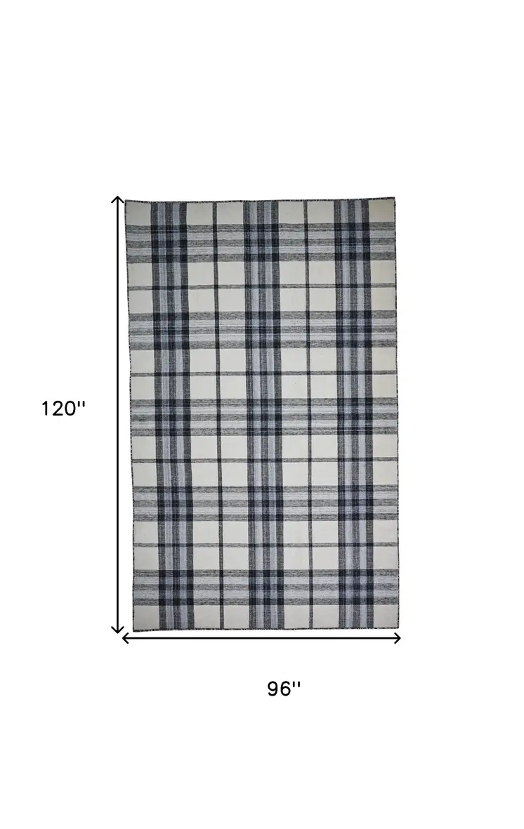 8' X 10' Ivory Blue And Black Abstract Hand Woven Stain Resistant Area Rug