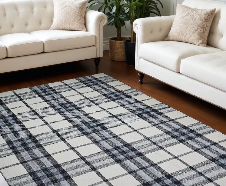 8' X 10' Ivory Blue And Black Abstract Hand Woven Stain Resistant Area Rug