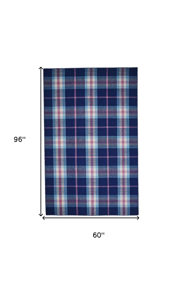 5' X 8' Blue Pink And White Abstract Hand Woven Stain Resistant Area Rug