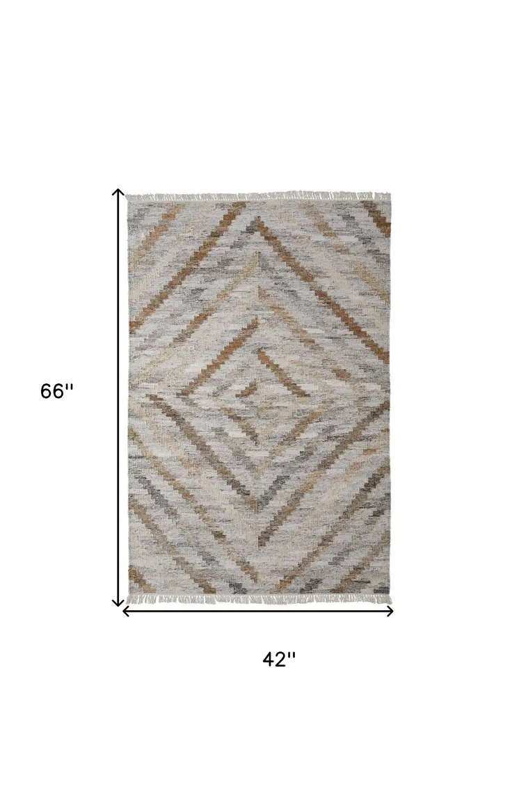 4' X 6' Gray and Ivory Geometric Hand Woven Area Rug With Fringe