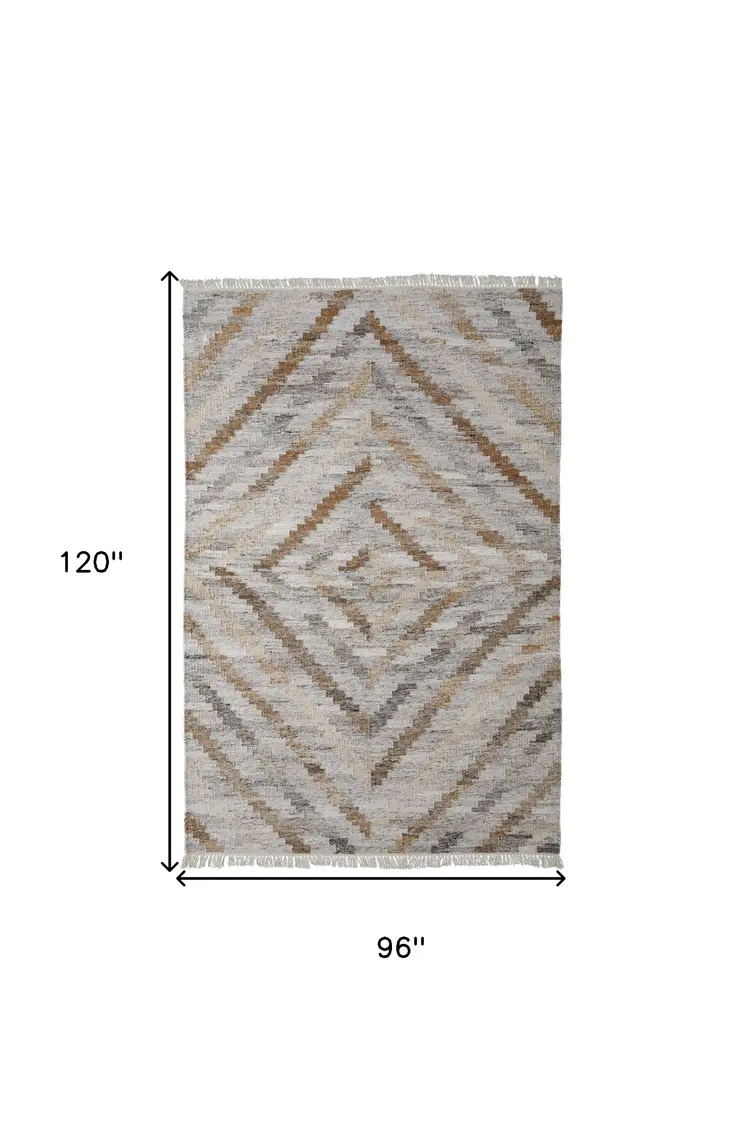 8' X 10' Gray And Brown Geometric Hand Woven Area Rug With Fringe