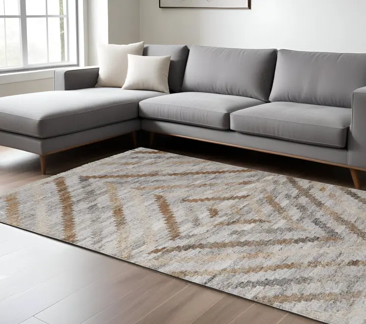 8' X 10' Gray And Brown Geometric Hand Woven Area Rug With Fringe